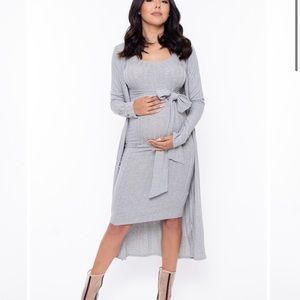 Maternity Belted Dress and Cardigan Set; Grey